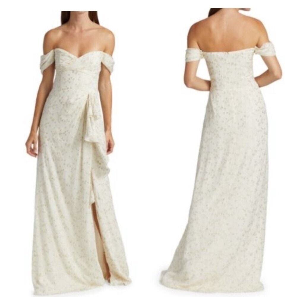 Monique Lhuillier White Gold Metallic Draped Coupe Sweetheart  Formal Gown 10 - Picture 4 of 14